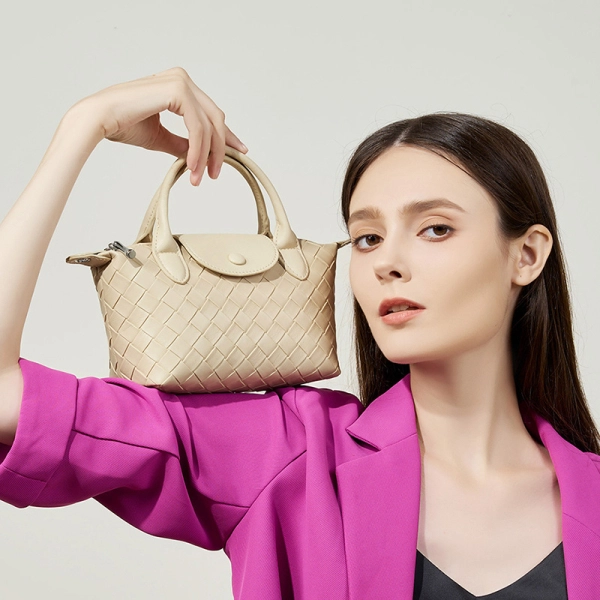 Woven Beige Top Handle Handbag - Image 3