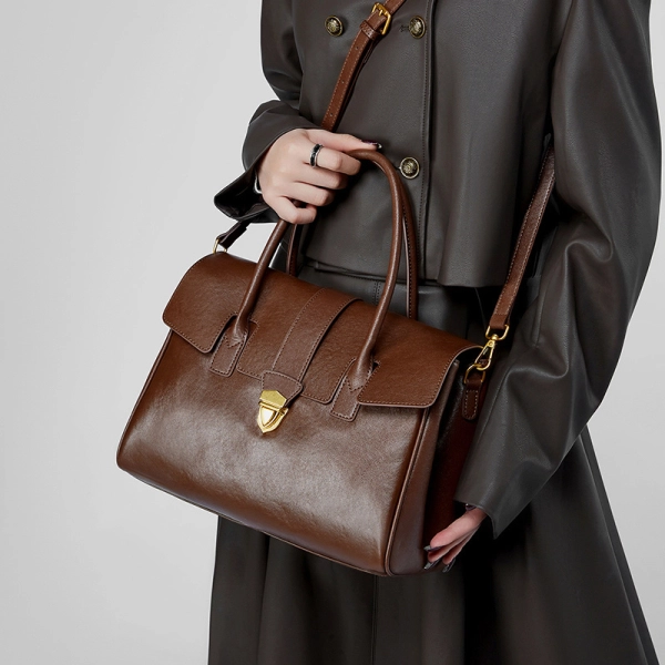 Brown Lock Closure Satchel Bag - Image 3