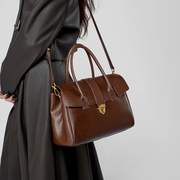Brown Lock Closure Satchel Bag - Image 6