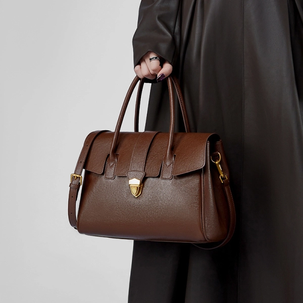 Brown Lock Closure Satchel Bag - Image 4